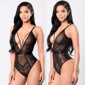 Fashion Sleepwear Backless Teddies Hollow Bodysuit Floral Lace Halter One Piece Sexy Lingerie (Color: Black, size: L)