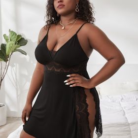 Plus Size Solid Contrast Lace Trim Cami Sexy Nightdress; Women's Plus Slight Stretch Semi Sheer Loungewear (Color: Black, size: 2XL(16))