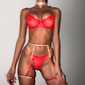 Eyelash Lace Rhinestone Ribbon Sexy See through with Steel Ring Sexy Lingerie Four Piece Set (Color: Red, size: S)