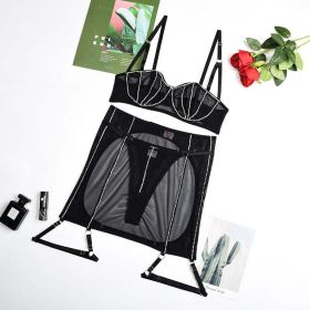 Comfortable Mesh Sexy See Through Diamond Decorations Sexy Lingerie Three Piece Set (Color: Black, size: L)